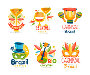 Canvas Print - Brazil and Rio Carnival Logo Design with Bright Masquerade Feather Mask, Drum and Maracas Vector Set