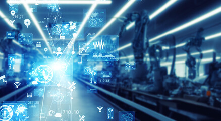 Poster - Futuristic factory with robot arms and communication network concept. Factory automation. IIoT.