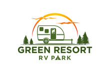Recreational Vehicle Logo Design Holiday Journey Traveler RV Car Trailer Pine Tree Silhouette