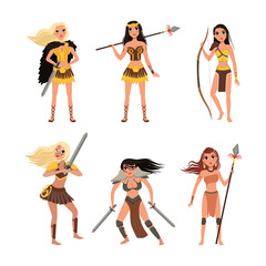 Poster - Beautiful Amazon Woman as Ancient Warriors Characters Fighting with Spears and Swords Vector Set