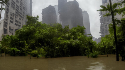 Wall Mural - destroyed buildings in a post-apocalyptic city, overgrown and flooded cityscape, 3d rendering