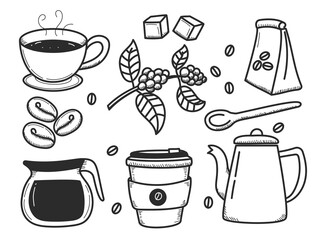 Wall Mural - Set of coffee doodle illustration isolated on white background. Hand-drawn coffee vector illustration