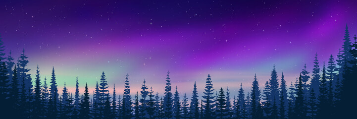 Wall Mural - trees against the background of aurora borealis, winter holiday illustration