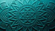 Turquoise Surface With Extruded Mandala Design. Three-dimensional Diwali Celebration Background.