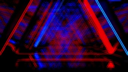 Wall Mural - abstract animation of neon lighting lines form into triangle pattern in the mirror tunnel. cyberspac