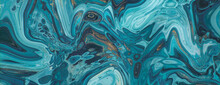 Paint Swirls In Beautiful Teal And Blue Colors, With Gold Powder. Elegant Marbling Banner.