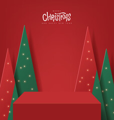 Wall Mural - Christmas banner with product display table and Artificial Christmas Trees Artificial Christmas Trees backdrop