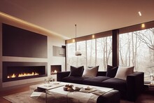 Luxury Living Room Interior Styled In Contemporary Furnishings With Fire Place