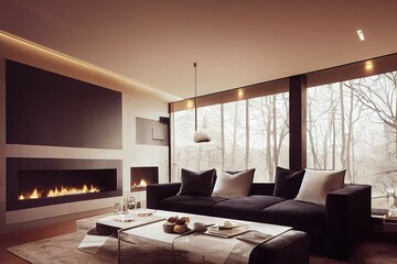 Luxury living room interior styled in contemporary furnishings with fire place