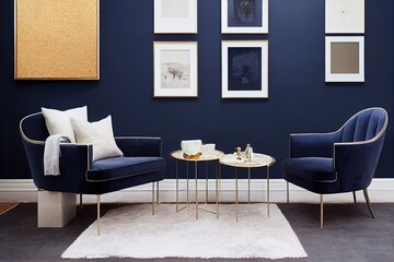 Mockup of gold frame in navy blue living room interior with armchairs and settee. Real photo