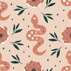 Wall Mural - Vector seamless pattern with boho snake. Print with magic serpent, moon phase, flowers and stars. Mystical background for digital paper, fabric design, phone case, wrapping, cover.