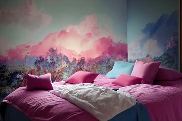 Wall Mural - Large bed with blue sheets and a pink blanket by a landscape wallpaper in a cozy, modern bedroom interior