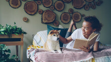 Cheerful African American Teenage Girl Is Reading Book Enjoying Literature Then Stroking Her Cute Shiba Inu Dog Lying On Bed Near Her. Hobby, Modern Lifestyle And Animals Concept.