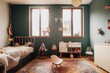 © The 2R Artificiality - Comfortable kid bedroom in bohemian interior style with home decor, wooden chest of drawers, retro car toy and cozy sleeping baby place