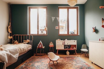 Comfortable kid bedroom in bohemian interior style with home decor, wooden chest of drawers, retro car toy and cozy sleeping baby place