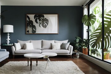 Sticker - Living room with light color sofa and tropic plants. Stylish interior with big monstera and sofa