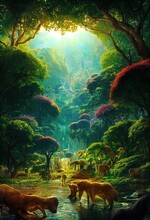 An Utopian Fantasy World Where Animals Live In Harmony, Amazing Park With Intricate Details, Rich Color, Rich Vegetation And Beautiful Lighting. 3d Style Digital Art Illustration Of A Fantasy Park