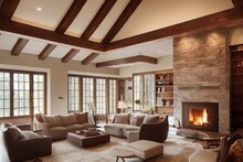 Beautiful Living Room In New Traditional Luxury Home. Features Stone Accents, Vaulted Ceilings, And Fireplace With Roaring Fire