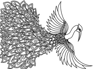 Hand drawn skecth of stork for coloring book. Zentangle Vector Illustration of bird with doodle style.