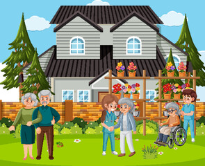 Poster - Outdoor park with elderly people and caregiver