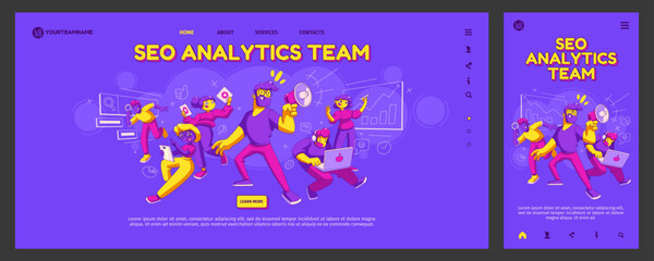 Wall Mural - seo analytics team landing page template. creative people doing research, working on laptop, making 