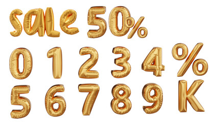 3d minimal  realistic numbers gold helium balloons. Sale off discount. font number balloon golden 50% percent discount collection for your unique selling poster banner ads. 3d rendering illustration.