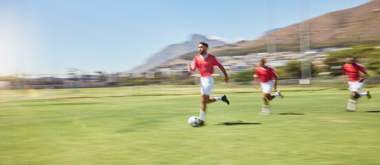 Canvas Print - Sports, youth development and soccer players running on field with ball for game, goals and winning. Football, teamwork and a training match on the grass and practice with soccer ball to score goal.