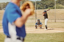 Sports, Baseball And Baseball Player At Baseball Field For Training With Pitch, Baseball Batter And Focus. Softball Player, Thinking And Planning Ball Throw At A Softball Field During A Field Game