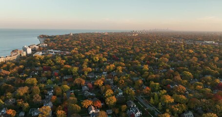 Poster - Flying backwards above Chicago North Shore suburbs by the lake, colorful autumn trees during sunset . Chicago downtown skyscrapers  as background on the horizon