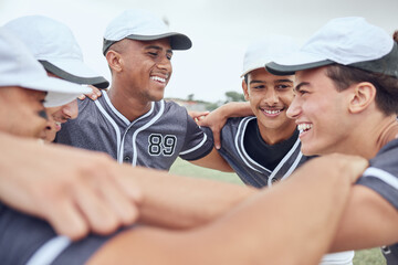 Support, strategy and sports with team of baseball for training, planning and motivation. Fitness, collaboration and teamwork with baseball player on field for goals, health and community huddle