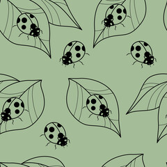 Wall Mural - green ladybug vector repeat pattern, seamless