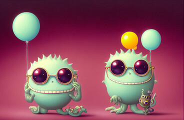 Two green funny monsters 3d cartoon