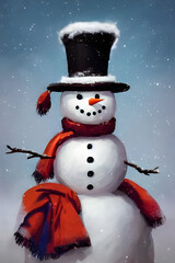 Wall Mural - portrait of a happy snowman with a top hat and scarf in the snow - illustration