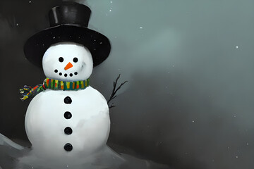 Wall Mural - portrait of a happy snowman with hat and scarf in the snow - illustration