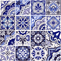 Canvas Print - Mexican tiles big set collection, talavera ornaments vector seamless design with flowers and swirls in navy blue
