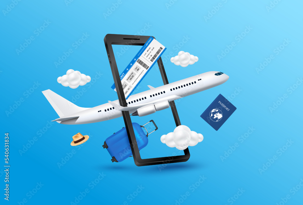 Air ticket passport luggage blue float away from smartphone with ...