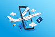 Air ticket passport luggage blue float away from smartphone with airplane is taking off and cloud. Can for making advertising media about tourism. Travel transport concept. 3D Vector EPS10.