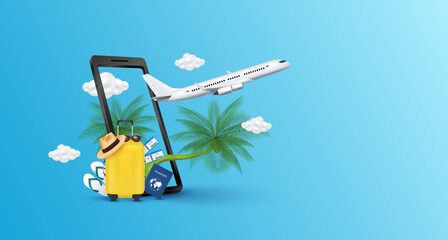 Wall Mural - Airplane is float away from smartphone with cloud. Luggage yellow, hat, coconut tree and air ticket passport on the side. For making advertising media tourism. Travel transport concept. 3D Vector.