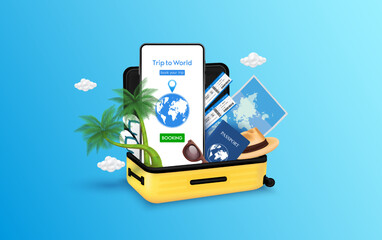 Wall Mural - Travel equipment in luggage yellow and touch screen smartphone. Booking plane ticket for app online on mobile. Can for making advertising media about tourism. Travel transport concept. 3D Vector.