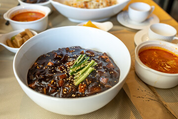 Wall Mural - Popular delicious Korean Noodle dish Jajangmyeon at restaurant
