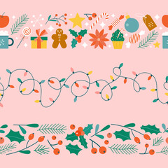 Christmas cute seamless border set. Simple flat xmas objects - lights, gifts, flowers and baubles. Festive bright line dividers for Christmas decoration.