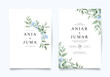 Blue flowers and green leaves for wedding invitation template