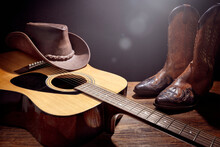 Country Music Festival Live Concert With Acoustic Guitar, Cowboy Hat And Boots
