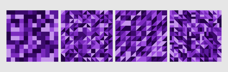 Abstract geometric background, set of 4 geometric seamless pattern wallpaper vector design, purple color, minimal background for backdrop, website banner, poster, book cover.