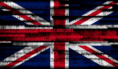 Flag of United Kingdom on binary code. Modern technology concept.
