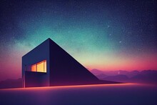 A Modern Neon House On Top Of A Mountain, At Night, With Bright Lighting, Starry Sky 