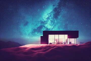 A modern neon house on top of a mountain, at night, with bright lighting, starry sky 