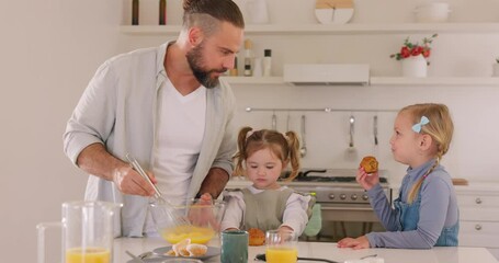 Wall Mural - Cooking, bake and father with children eating muffin dessert for lunch together in kitchen for holiday bonding, learning and house development. Help, care and love of dad with eggs teaching girl kids