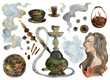 Hookah design elements set. Hookah, smoke clouds, smoking woman, coffee cup, charcoals and utensil in sketch style. Watercolor illustration