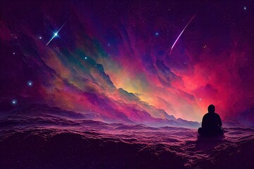 Wall Mural - alone_man_middle_watching_galaxy_space_imagine_Abs generative ai